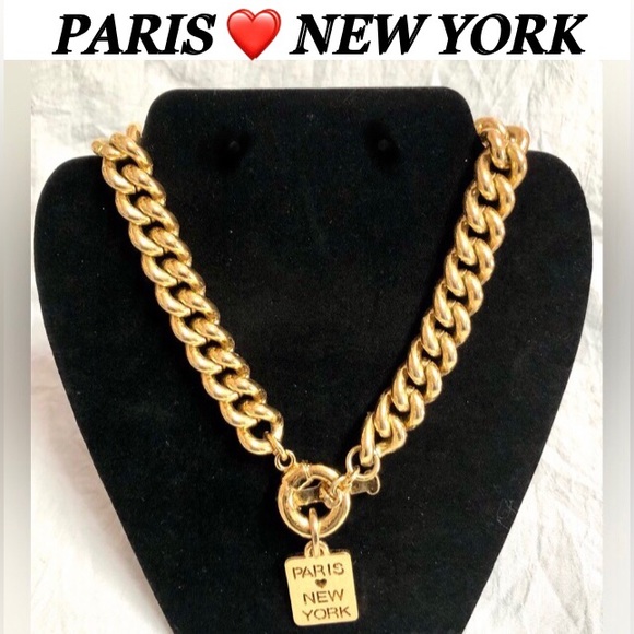PARIS❤️NEW YORK chunky chain charm Gold Tone Linked Necklace size 9inch NEW - Picture 7 of 7